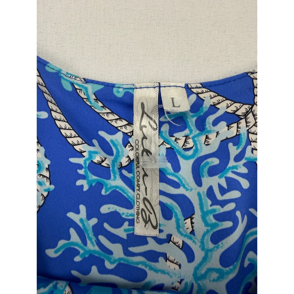 Lulu-B Tiered Ruffle Dress Women Large Blue Coral Rope Print Sleeveless Coastal - Picture 2 of 11